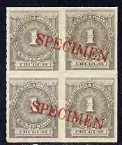 Uruguay 1884-86 Numeral 1c grey block of 4 opt'd SPECIMEN across each pair of stamps, unmounted mint from ABNCo archive sheet, as SG 83a