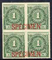 Uruguay 1888 Numeral 1c green block of 4 opt'd SPECIMEN across each pair of stamps, unmounted mint from ABNCo archive sheet, as SG 100