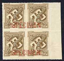 Uruguay 1888 Numeral 20c bistre block of 4 opt'd SPECIMEN across each pair of stamps, unmounted mint from ABNCo archive sheet, as SG 105