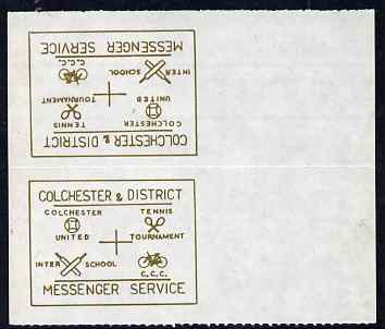 Cinderella - Great Britain 1996 Colchester & District Messenger Service rouletted label (gold on white) showing Football, Tennis, Cricket & Bicycle, tete-beche pair printed on gummed side