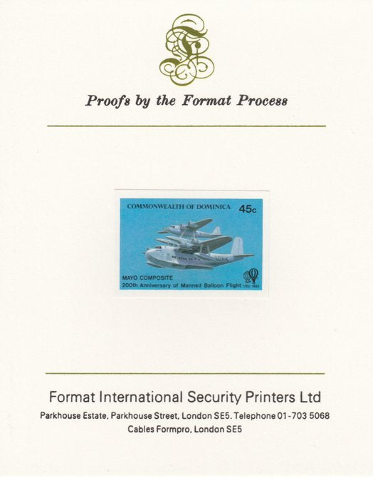 Dominica 1983 Manned Flight 45c (Mayo-Mercury Seaplane composite) imperf proof mounted on Format International proof card as SG 853