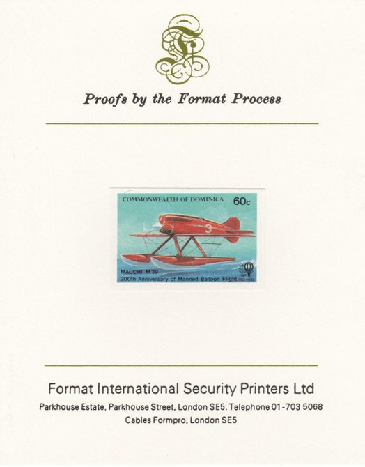 Dominica 1983 Manned Flight 60c (Macchi M39 Seaplane) imperf proof mounted on Format International proof card as SG 854