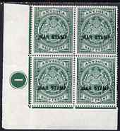 Antigua 1916-17 War Tax 1/2d green (black overprint) in SW corner plate block of 4 unmounted mint, SG52