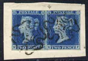 GB Great Britain 1841 2d blue KE-KF 4 clear to good margins beautifully fresh colour on piece with black Maltese Cross cancel, guide line through value on KF