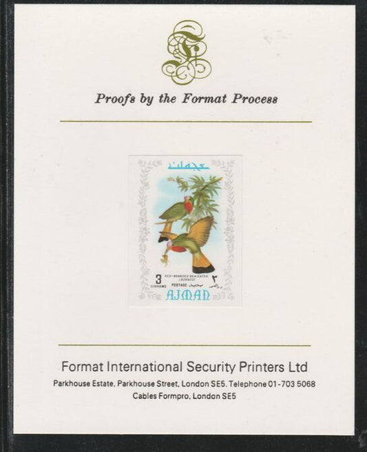 Ajman 1971 Exotic Birds - Red-Bearded Bee-Eater 3Dh imperf mounted on Format International proof card as Mi 881B