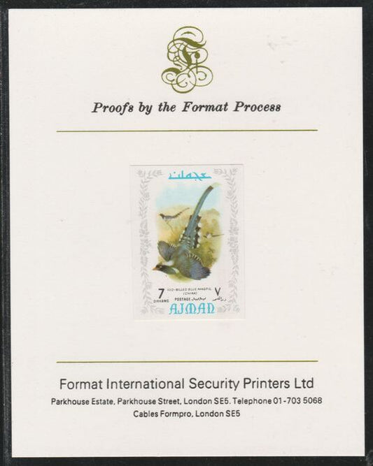 Ajman 1971 Exotic Birds - Blue Magpie 7Dh imperf mounted on Format International proof card as Mi 883B