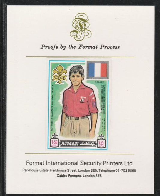 Ajman 1971 World Scouts - France 1.5R imperf mounted on Format International proof card as Mi 922B