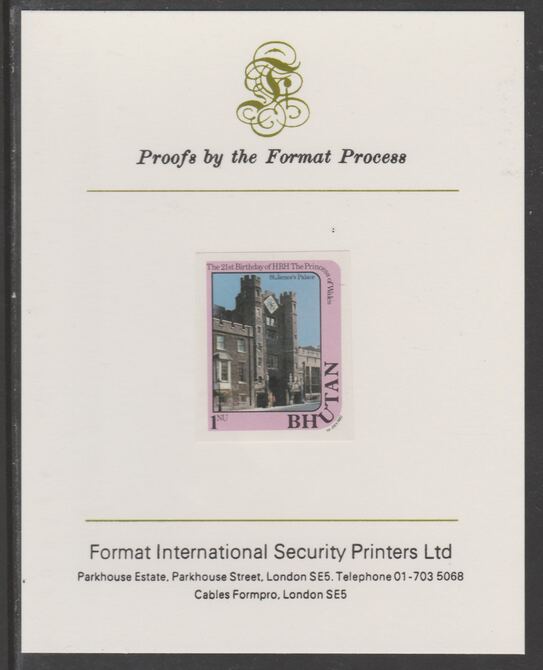 Bhutan 1982 Princess Diana's 21st Birthday 1n imperf proof mounted on Format International proof card, as SG 455