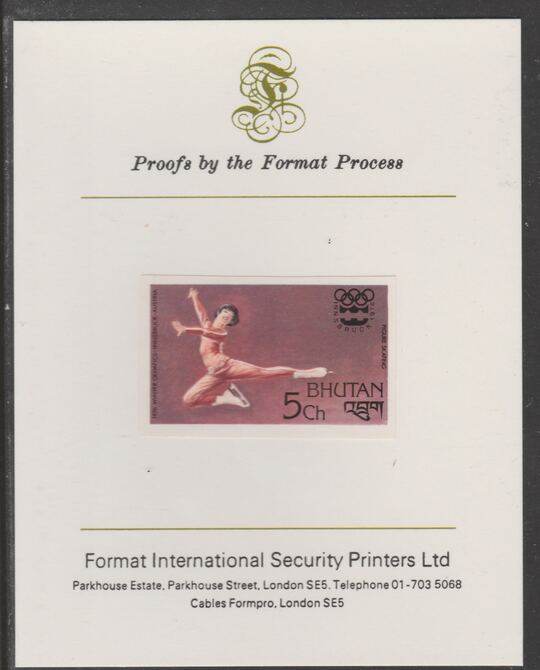 Bhutan 1976 Innsbruck Winter Olympics 5ch (Figure Skating) imperf proof mounted on Format International proof card, as SG 341