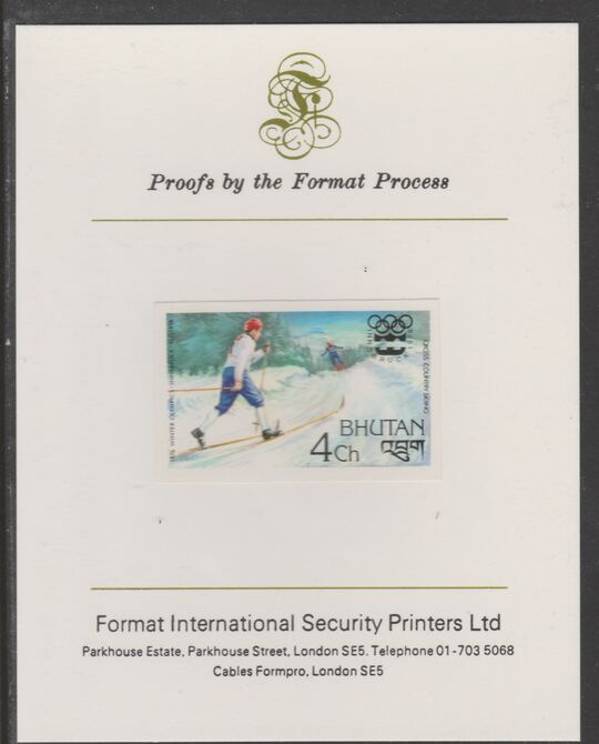 Bhutan 1976 Innsbruck Winter Olympics 4ch (Cross-Country Skiing) imperf proof mounted on Format International proof card, as SG 340