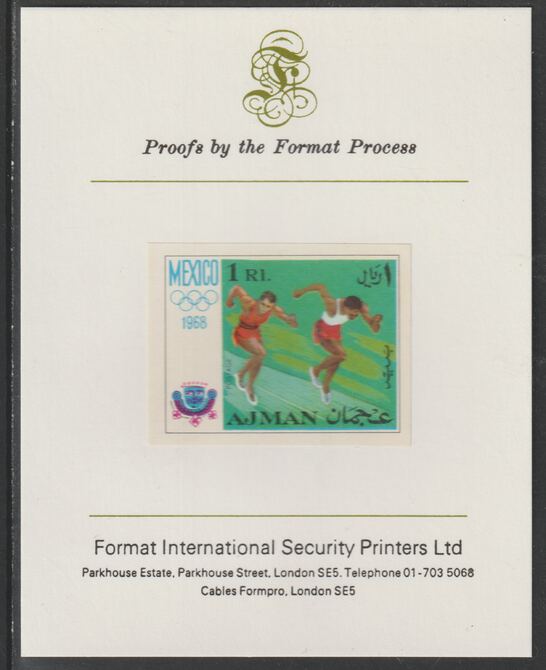 Ajman 1968 Sprinting 1R from Mexico Olympics set, imperf proof mounted on Format International proof card, as Mi 248B
