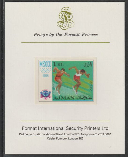 Ajman 1968 Sprinting 1R from Mexico Olympics set, imperf proof mounted on Format International proof card, as Mi 248B