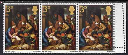 GB Great Britain 1967 Christmas 3d (Adoration by School of Seville) marginal strip of 3 with double strike of perf comb at right unmounted mint SG 756var
