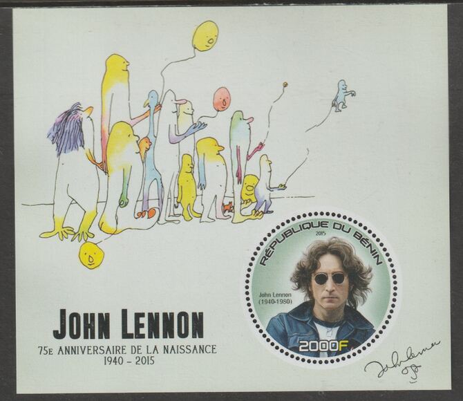 Benin 2015 John Lennon perf deluxe m/sheet containing one circular value unmounted mint
