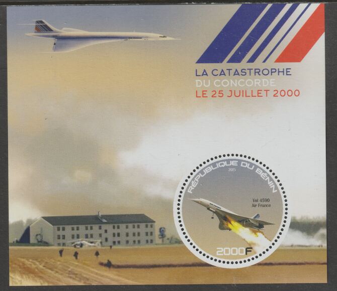 Benin 2015 Concorde Disaster perf deluxe m/sheet containing one circular value unmounted mint
