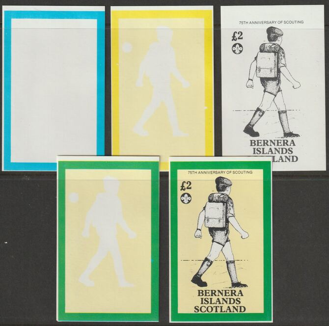 Bernera 1982 75th Anniversary of Scouting imperf deluxe sheet (£2 value) - the set of 5 imperf progressive proofs comprising 3 individual colours, 2 colour composite and all 3 colours as issued unmounted mint 
