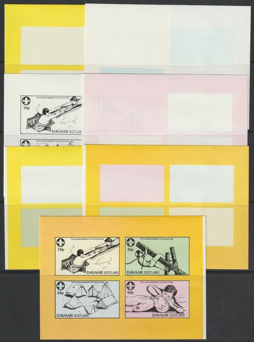 Davaar 1982 75th Anniversary of Scouting sheet of 4 values - the set of 7 imperf progressive proofs comprising the 4 individual colours, 2, 3 and all 4 colour composites unmounted mint 