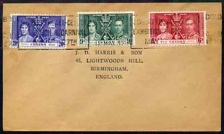 Ceylon 1937 KG6 Coronation set of 3 on cover with first day cancel addressed to the forger, J D Harris.,Harris was imprisoned for 9 months after Robson Lowe exposed him for applying forged first day cancels to Coronation covers (details supplied).