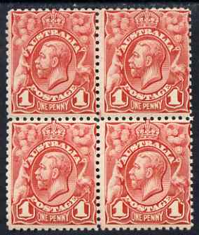 Australia 1913-14 KG5 Head 1d block of 4, one stamp with vert line through flowers at right, unmounted mint,SG17var