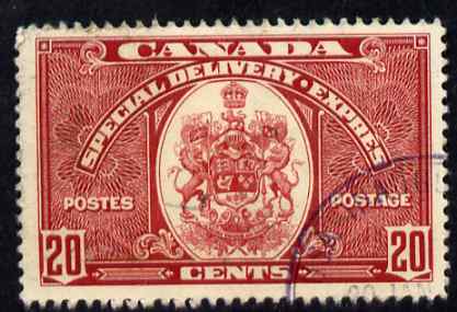 Canada 1938-39 Special Delivery 20c scarlet (Arms of canada) fine corner cancel, SG S10 
