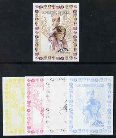 Chad 1997 Princess Diana 250f series #2 imperf deluxe sheet the set of 5 progressive proofs comprising the 4 individual colours plus all 4-colour composite, unmounted mint. 