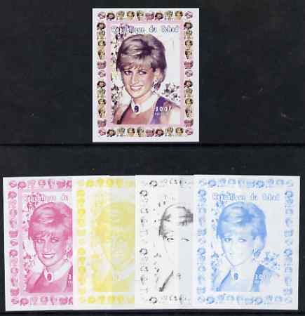 Chad 1997 Princess Diana 300f series #4 imperf deluxe sheet the set of 5 progressive proofs comprising the 4 individual colours plus all 4-colour composite, unmounted mint. 