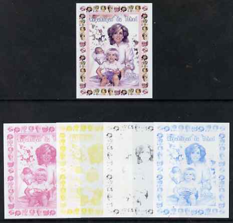 Chad 1997 Princess Diana 300f series #8 imperf deluxe sheet the set of 5 progressive proofs comprising the 4 individual colours plus all 4-colour composite, unmounted mint. 