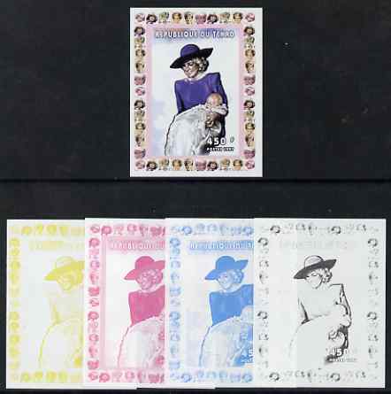 Chad 1997 Princess Diana 450f series #8 imperf deluxe sheet the set of 5 progressive proofs comprising the 4 individual colours plus all 4-colour composite, unmounted mint. 
