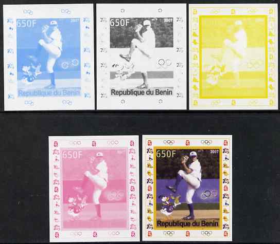 Benin 2007 Baseball #01 deluxe sheet with Olympic Rings & Disney Character, the set of 5 imperf progressive proofs comprising the 4 individual colours plus all 4-colour composite, unmounted mint 
