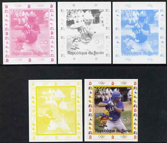 Benin 2007 Baseball #02 deluxe sheet with Olympic Rings & Disney Character, the set of 5 imperf progressive proofs comprising the 4 individual colours plus all 4-colour composite, unmounted mint 