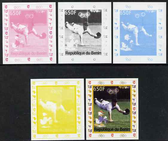 Benin 2007 Baseball #03 deluxe sheet with Olympic Rings & Disney Character, the set of 5 imperf progressive proofs comprising the 4 individual colours plus all 4-colour composite, unmounted mint 