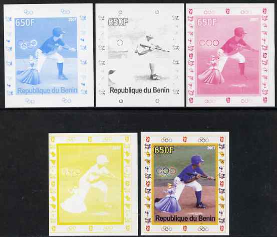 Benin 2007 Baseball #05 deluxe sheet with Olympic Rings & Disney Character, the set of 5 imperf progressive proofs comprising the 4 individual colours plus all 4-colour composite, unmounted mint 