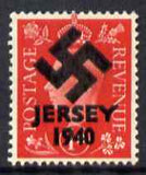 Jersey 1940 Swastika opt on GB Great Britain KG6 1d scarlet - a copy of the overprint on a genuine stamp with forgery handstamped on the back, …Details Below