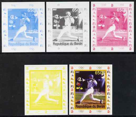 Benin 2007 Baseball #07 deluxe sheet with Olympic Rings & Disney Character, the set of 5 imperf progressive proofs comprising the 4 individual colours plus all 4-colour composite, unmounted mint 