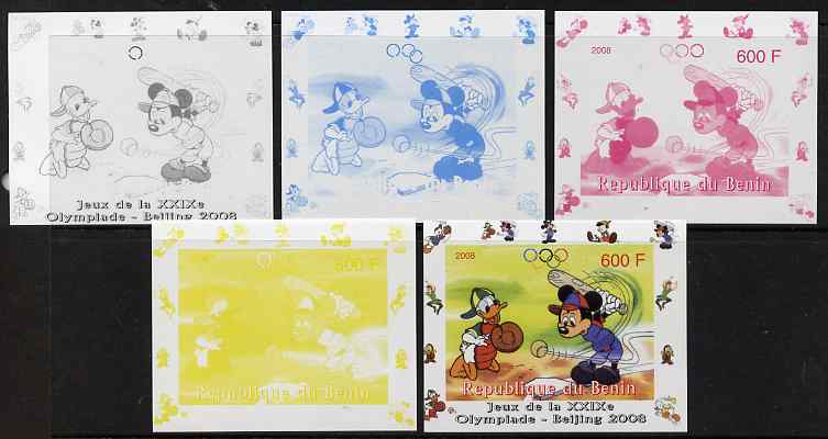 Benin 2008 Disney Characters playing Baseball #01 individual deluxe sheet with Olympic Rings - the set of 5 imperf progressive proofs comprising the 4 individual colours plus all 4-colour composite, unmounted mint 