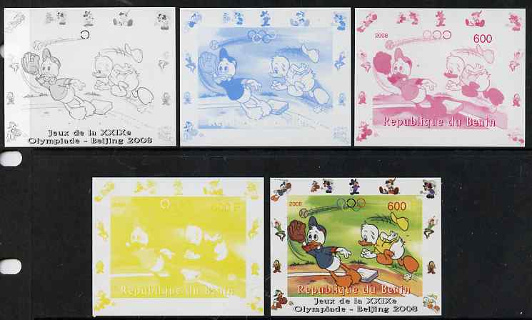 Benin 2008 Disney Characters playing Baseball #02 individual deluxe sheet with Olympic Rings - the set of 5 imperf progressive proofs comprising the 4 individual colours plus all 4-colour composite, unmounted mint 