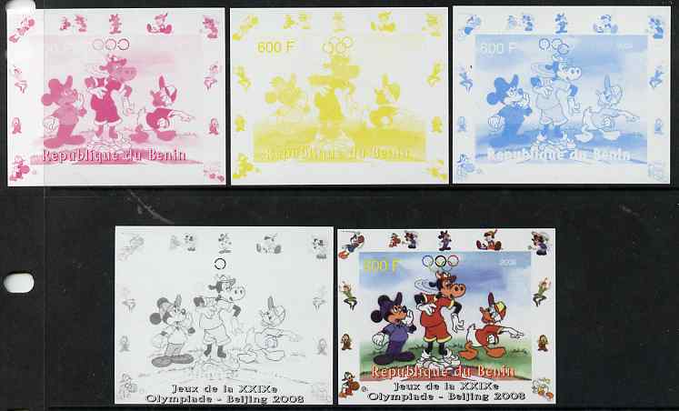 Benin 2008 Disney Characters playing Baseball #03 individual deluxe sheet with Olympic Rings - the set of 5 imperf progressive proofs comprising the 4 individual colours plus all 4-colour composite, unmounted mint 