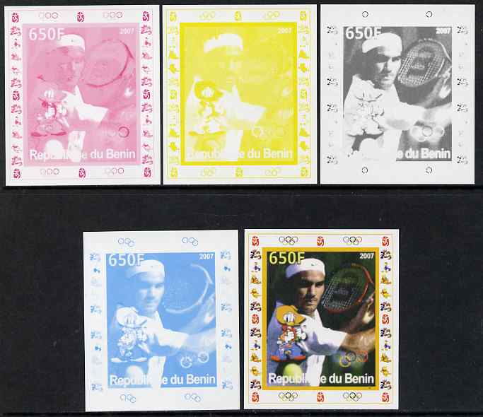 Benin 2007 Tennis #08 - Roger Federer individual deluxe sheet with Olympic Rings & Disney Character - the set of 5 imperf progressive proofs comprising the 4 individual colours plus all 4-colour composite, unmounted mint 