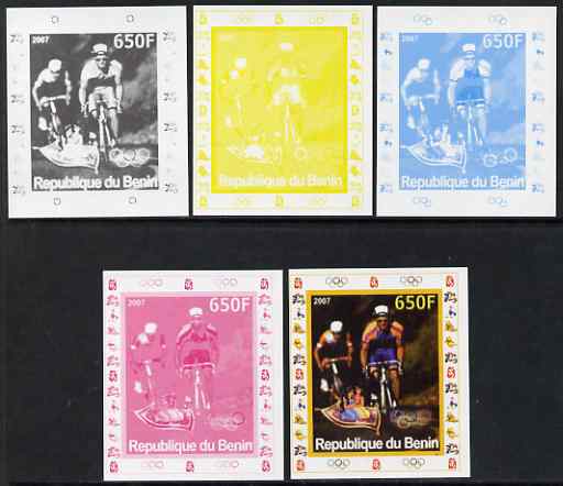 Benin 2007 Cycling #2 - individual deluxe sheet with Olympic Rings & Disney Character - the set of 5 imperf progressive proofs comprising the 4 individual colours plus all 4-colour composite, unmounted mint 