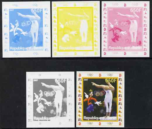 Benin 2007 Gymnastics #1 - individual deluxe sheet with Olympic Rings & Disney Character - the set of 5 imperf progressive proofs comprising the 4 individual colours plus all 4-colour composite, unmounted mint 