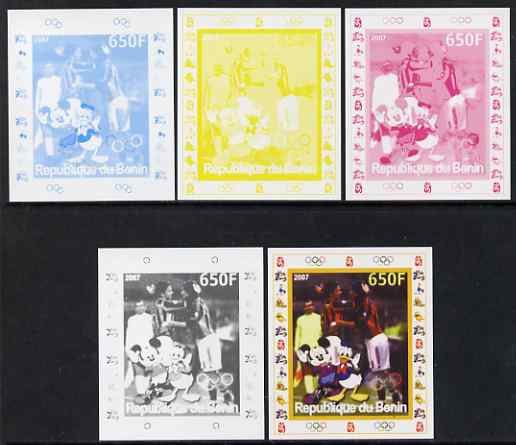 Benin 2007 Football #1 - individual deluxe sheet with Olympic Rings & Disney Character - the set of 5 imperf progressive proofs comprising the 4 individual colours plus all 4-colour composite, unmounted mint 