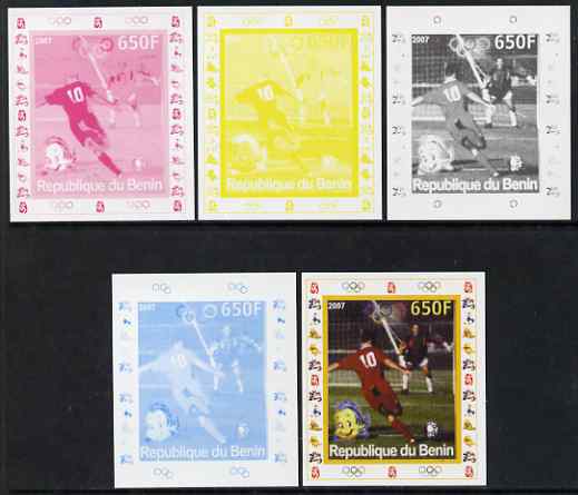 Benin 2007 Football #2 - individual deluxe sheet with Olympic Rings & Disney Character - the set of 5 imperf progressive proofs comprising the 4 individual colours plus all 4-colour composite, unmounted mint 