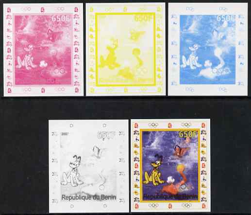 Benin 2007 Water Polo #1 - individual deluxe sheet with Olympic Rings & Disney Character - the set of 5 imperf progressive proofs comprising the 4 individual colours plus all 4-colour composite, unmounted mint 
