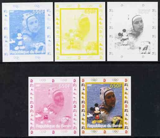 Benin 2007 Water Polo #2 - individual deluxe sheet with Olympic Rings & Disney Character - the set of 5 imperf progressive proofs comprising the 4 individual colours plus all 4-colour composite, unmounted mint 