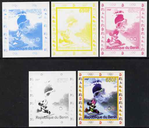 Benin 2007 Swimming #1 - individual deluxe sheet with Olympic Rings & Disney Character - the set of 5 imperf progressive proofs comprising the 4 individual colours plus all 4-colour composite, unmounted mint 