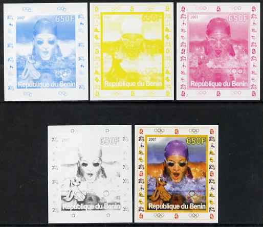 Benin 2007 Swimming #3 - individual deluxe sheet with Olympic Rings & Disney Character - the set of 5 imperf progressive proofs comprising the 4 individual colours plus all 4-colour composite, unmounted mint 