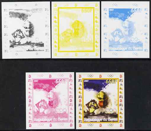 Benin 2007 Swimming #4 - individual deluxe sheet with Olympic Rings & Disney Character - the set of 5 imperf progressive proofs comprising the 4 individual colours plus all 4-colour composite, unmounted mint 