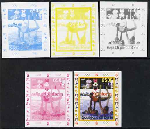 Benin 2007 Synch Swimming - individual deluxe sheet with Olympic Rings & Disney Character - the set of 5 imperf progressive proofs comprising the 4 individual colours plus all 4-colour composite, unmounted mint 