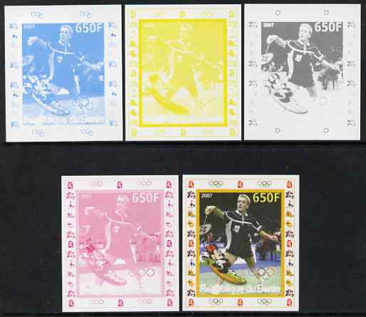 Benin 2007 Badminton - individual deluxe sheet with Olympic Rings & Disney Character - the set of 5 imperf progressive proofs comprising the 4 individual colours plus all 4-colour composite, unmounted mint 
