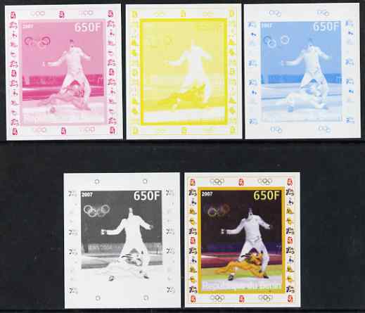 Benin 2007 Fencing - individual deluxe sheet with Olympic Rings & Disney Character - the set of 5 imperf progressive proofs comprising the 4 individual colours plus all 4-colour composite, unmounted mint 